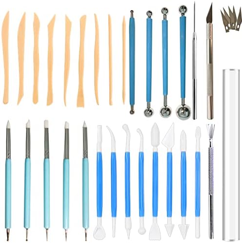 31pcs Polymer Clay Sculpting Tools Set, Air Dry Modeling Clay Roller Dotting Tool Kit Fondant Metal Cutters Silicone Embossing Pen Balls Stylus Rollin by DIYOOHOMY