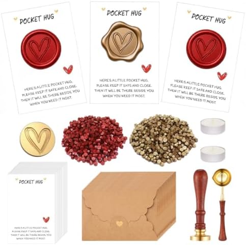 Comealltime 50 Sets Pocket Hug Token Small Gift Bulk Cards and Envelopes with Heart Shape Wax Seal Stamp, Sealing Beads, Wax Seal Kit for DIY Exchange Relationship Cards - B by Comealltime