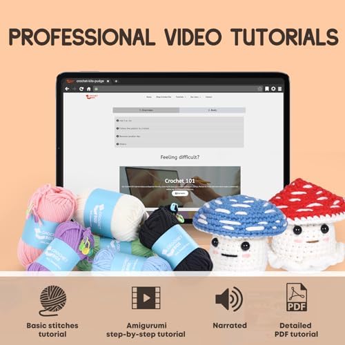 Crochet Kit for Beginners: 2 PCS Red & Blue Mushroom Starter Crochet Kits with Step-by-Step Video Tutorials and Yarns, Hook, Accessories, DIY Craft Gift for Adults and Teen(30%+ Yarn) - Image 4