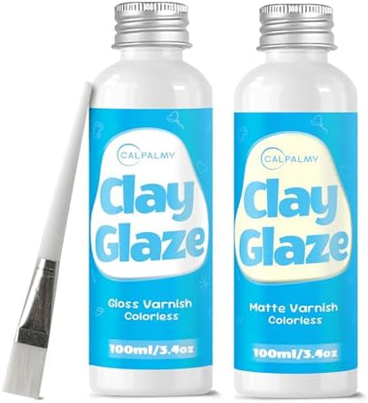 CALPALMY 2 x 100ml Clay Glaze Kit - Varnish Sealant for Pottery, Crafts, Polymer Clay, Acrylic Paint - Waterproof, Scratch-Resistant Clear Gloss for Air Dry Clay (Gloss+Matte) by CalPalmy