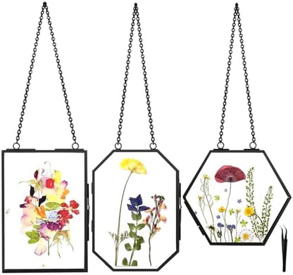 FOCHIER F Hanging Pressed Flower Frames, 3Pcs Double Glass Floating Picture Frame Handmade, Glass Frame for Pressed Flowers, Vintage Brass Picture Frame for Artwork Wall Display Mount, Black by FOCHIERF