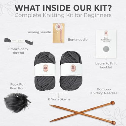 Knitting Kits for Beginners Adults – Practical and Easy to Use Hat Knitting Kit with Yarn, Bamboo Knitting Needles, Faux Pom Pom – Complete Beginners Knitting Kit – Lovely Present for Women and Men - Image 3