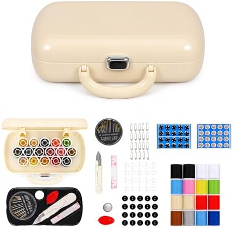 FKOG Sewing Project Kit, 151 Pcs Family Sewing Supplies Repair Organizer with Portable Retro Hard-Shell Case, 16 Multicolor Thread Spools, Needles, Buttons, and Accessories (Creamy White) by FKOG