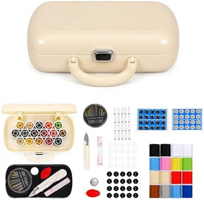 FKOG Sewing Project Kit, 151 Pcs Family Sewing Supplies Repair Organizer with Portable Retro Hard-Shell Case, 16 Multicolor Thread Spools, Needles, Buttons, and Accessories (Creamy White) by FKOG