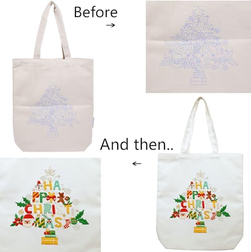 Canvas Tote Bag Embroidery Kit with Pattern for Beginners, Arts and DIY Embroidery Crafts Kits for Adults, Instructions, Thimble, Embroidery Hoops, Color Threads (Beige, CR002 Christmas Tree) - Image 5