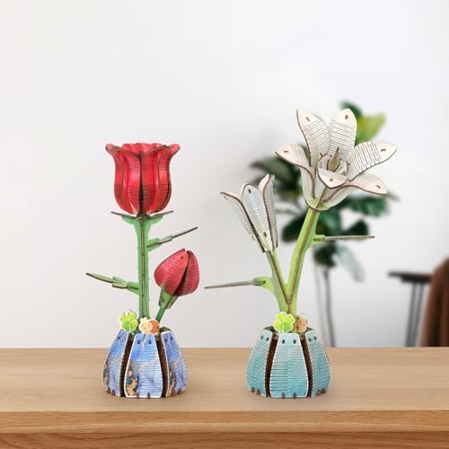 Jege 3D Flowers Wooden Puzzles for Adults,DIY Wooden 2 Flowers per Kit Building Set for Home Decor, Creative Craft Gift Toys Kits with 2 Perfume Bottles and Diffuser Sticks (Rose + Lily) by Unknown