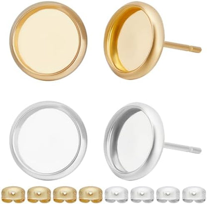 Beebeecraft 1 Box 60Pcs 8mm Blank Stud Bezel Settings 18K Gold & 925 Sterling Silver Plated Stainless Steel Flat Round Stud Earring Settings with Ear Nuts for Jewelry Making by Beebeecraft