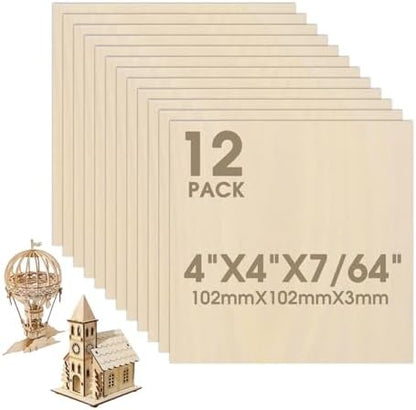 12 Pack Basswood Sheets 4"×4"×7/64" Unfinished Plywood Sheet by Unknown