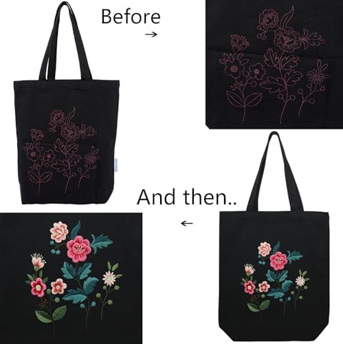 CREAWONDER Canvas Tote Bag Embroidery Kit with Pattern for Beginners, Arts and DIY Embroidery Crafts Kits for Adults, Include Instructions, Thimble, Embroidery Hoops, Color Threads and Tool - Image 5