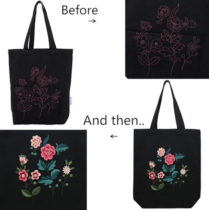 CREAWONDER Canvas Tote Bag Embroidery Kit with Pattern for Beginners, Arts and DIY Embroidery Crafts Kits for Adults, Include Instructions, Thimble, Embroidery Hoops, Color Threads and Tool - Image 5