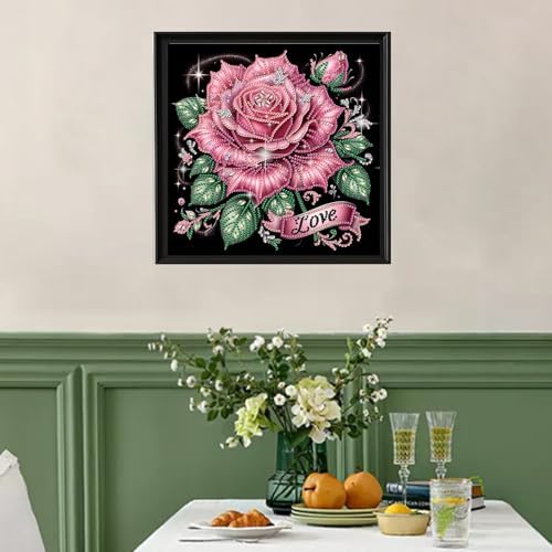 jinglinhh Pink Rose Flowers Special Shaped DIY Diamond Art Painting Kit for Adults Beginners, Partial Drill Crystal Rhinestone Gem Art Craft Home Wall Decor 30x30cm - Image 3