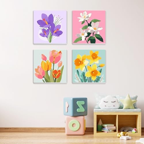 MXJSUA 4 Pack Tulips Flowers Framed Paint by Numbers Kit with Canvas for Adults Beginner, DIY Acrylic Oil Painting Kits with Brushes for Home Wall Decor Gift (8x8 inch) - Image 2