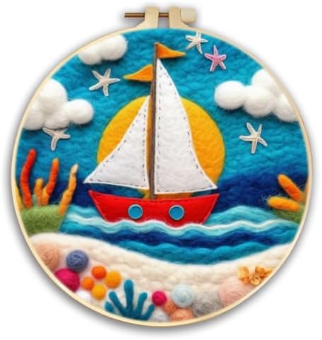 CaptainCrafts DIY Needle Felting Starter Kit with Picture Hoop, Foam Pad, Felt Cloth, Instructions for Home Decoration, Beginner Art Craft (Waves Sunshine Little Boat) by CaptainCrafts