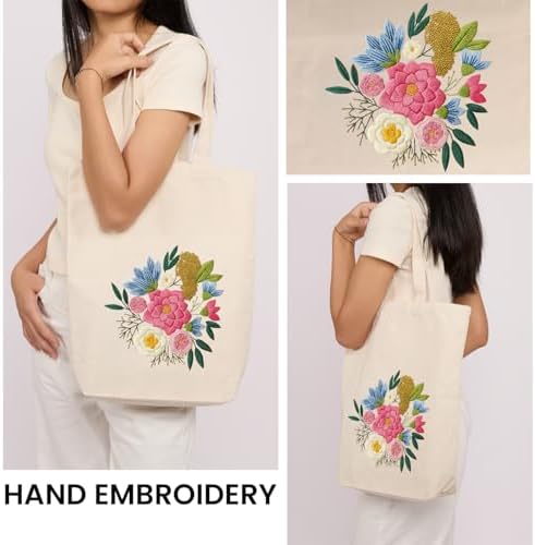 CREAWONDER Canvas Tote Bag Embroidery Kit with Pattern for Beginners, Arts and DIY Embroidery Crafts Kits for Adults, Include Instructions, Embroidery Hoops, Color Threads and Tool - Image 2