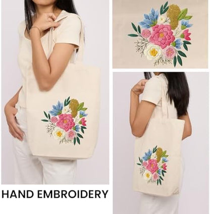 CREAWONDER Canvas Tote Bag Embroidery Kit with Pattern for Beginners, Arts and DIY Embroidery Crafts Kits for Adults, Include Instructions, Embroidery Hoops, Color Threads and Tool - Image 2