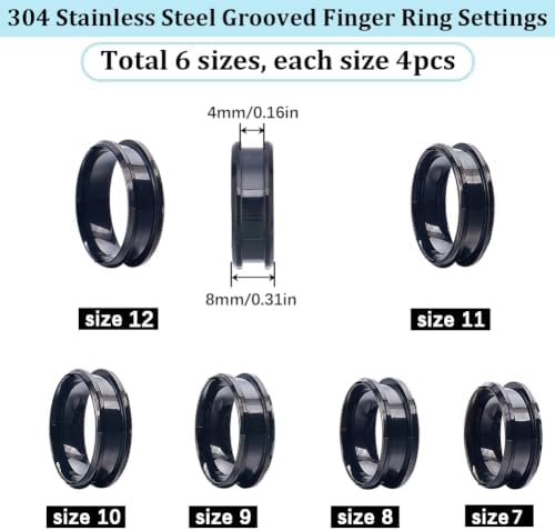 SUNNYCLUE 1 Box 24Pcs Stainless Steel Black Finger Ring Blank Core Inlay Round Grooved Rings Blank US Size 7/8/9/10/11/12 Empty Finger Findings for Jewelry Making Kits Men Women DIY Craft Supplies - Image 2