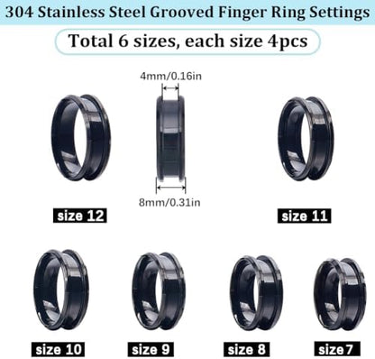 SUNNYCLUE 1 Box 24Pcs Stainless Steel Black Finger Ring Blank Core Inlay Round Grooved Rings Blank US Size 7/8/9/10/11/12 Empty Finger Findings for Jewelry Making Kits Men Women DIY Craft Supplies - Image 2