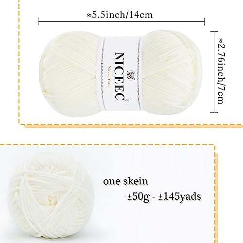 NICEEC 300g Soft Assorted Colors Yarn 100% Acrylic 870yds -White - Image 2
