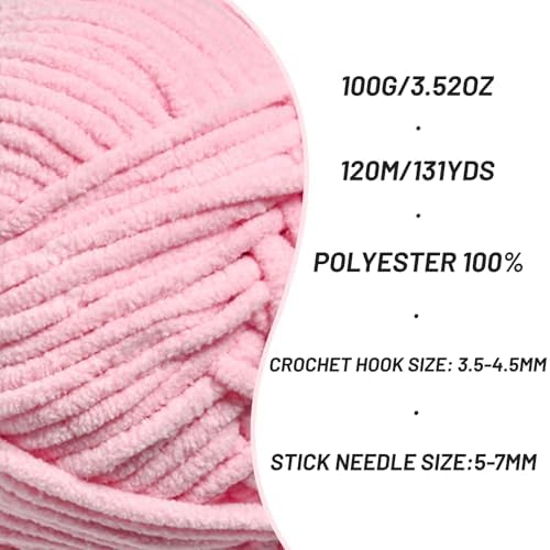 3 Packs Plush Chenille Chunky Crochet Yarn - Baby Yarn for Crocheting Soft - Velvet Yarns Knitting for Blankets Crafts - Fluffy Amigurumi Yarns 300g / 393yd (3 Pink) - Image 2