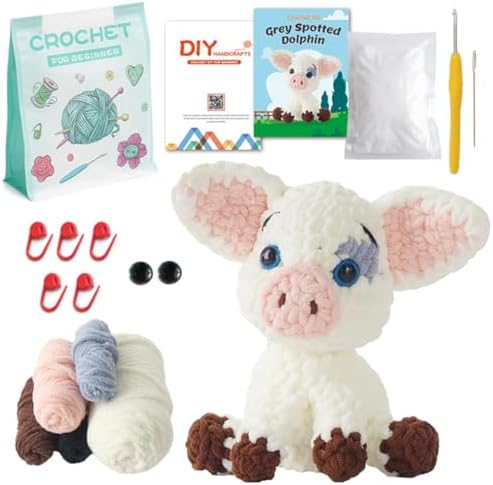 Linhao Jew Crochet Kit for Beginners – Knitting Kits Cute Animal Kitten Keychain with Pre-Started Easy Yarn, Step-by-Step Video Tutorials for Adults DIY Crafts (Pig) by Linhao+Jew