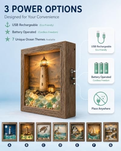 Coastal Lighthouse Sea Glass Shadow Box Night Light Nautical Beach Lamp Home Decor DIY Wooden Picture Frame Ocean Theme Craft Kit Starfish Shells Art Bedside Reading Corner Gift for Adult(#3,Battery) - Image 5