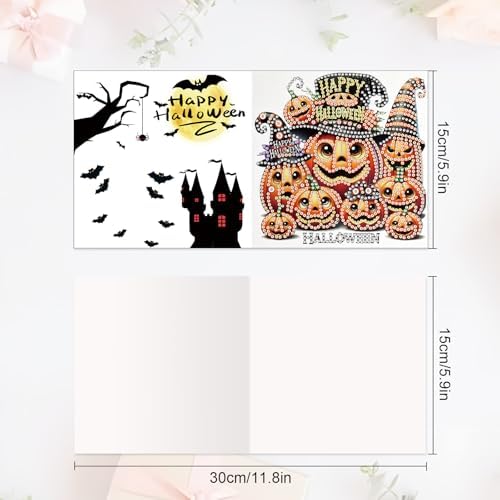 antor 6 Pack Halloween Pumpkin Diamond Painting Card Kits, DIY 5D Rhinestone Halloween Diamond Art Greeting Cards with Envelopes, Handmade Pumpkin Diamond Art Craft Kits for Adults Beginners - Image 2