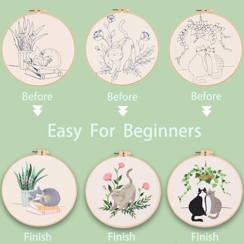 Ohcol 3 Sets Cat Embroidery Kit,Needlepoint Kits for Adults Beginner,Needle Point Sets with Washable Pre-Printed Pattern,1 Hoop,Women Hand Crafts - Image 6