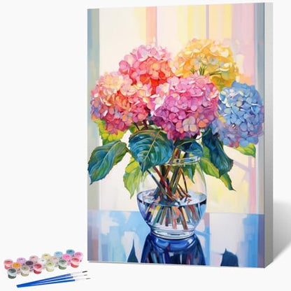 Framed Paint by Numbers Kit for Adults Beginner & Kids Ages 8-12, Hydrangea in Glass Vase Window Paint by Number with Frame, Easy Acrylic Colorful Flowers Painting by Numbers Kit on Canvas 8x12 inch by Fountor