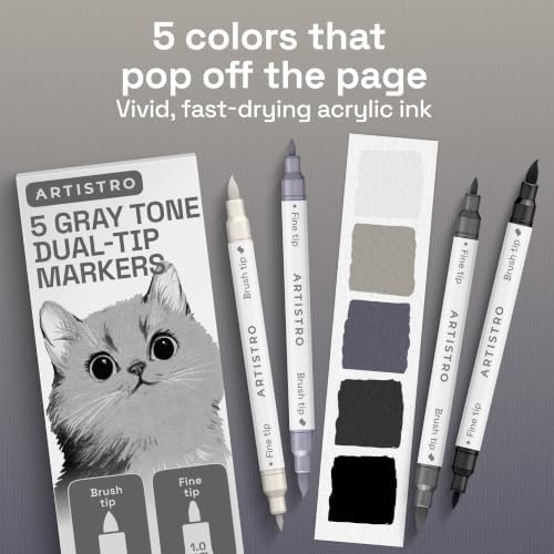 ARTISTRO 5 Gray Tones Dual-Tip Acrylic Paint Marker Pens for Drawing - Image 2