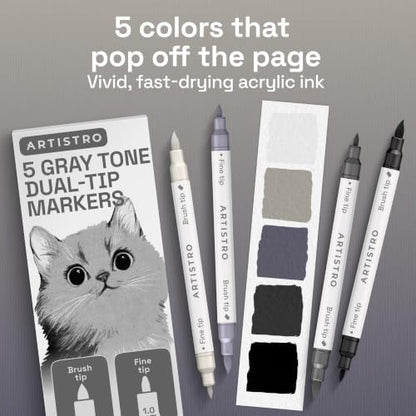 ARTISTRO 5 Gray Tones Dual-Tip Acrylic Paint Marker Pens for Drawing - Image 2