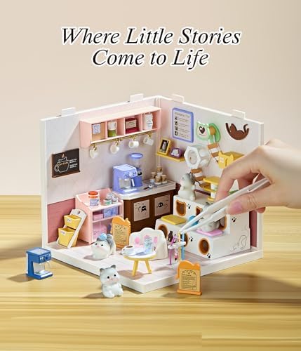Cute Cat Cafe DIY Miniature House Kit with Roof & LED Light, Stackable & Connectable Dollhouse Kit with Dustproof Door, Creative DIY Crafts Building Toy Gift for Adults Teens - Image 3