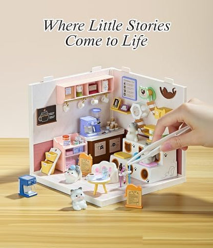 Cute Cat Cafe DIY Miniature House Kit with Roof & LED Light, Stackable & Connectable Dollhouse Kit with Dustproof Door, Creative DIY Crafts Building Toy Gift for Adults Teens - Image 3