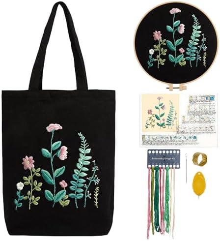 CREAWONDER Canvas Tote Bag Embroidery Kit with Pattern for Beginners, Arts and DIY Embroidery Crafts Kits for Adults, Include Instructions, Embroidery Hoops, Color Threads and Tool by Unknown