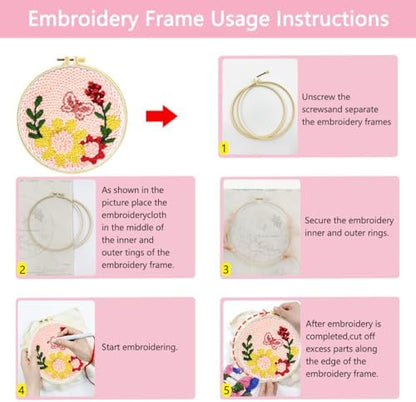 Zhenqing Butterfly & Floral Punch Needle Embroidery Kit | 29x29cm Pink Bloom Design with Hoop & Tools | DIY 3D Textured Wall Art for Beginners(Z95092C) - Image 6