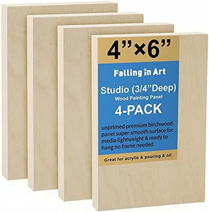 Falling in Art 4 Pack 4x6’’ Unfinished Birch Wood Panels Kit for Painting by FallinginArt