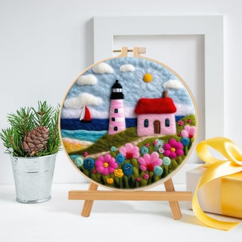 Needle Felt Starter Set, Wool Felt Painting Needle Felting Kit, Felt Painting Kit for Beginners Adult Castle Flowers Wool Needle Felt Set with Felt Needle, Picture Frame DIY Craft Project Decor - Image 2