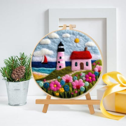 Needle Felt Starter Set, Wool Felt Painting Needle Felting Kit, Felt Painting Kit for Beginners Adult Castle Flowers Wool Needle Felt Set with Felt Needle, Picture Frame DIY Craft Project Decor - Image 2