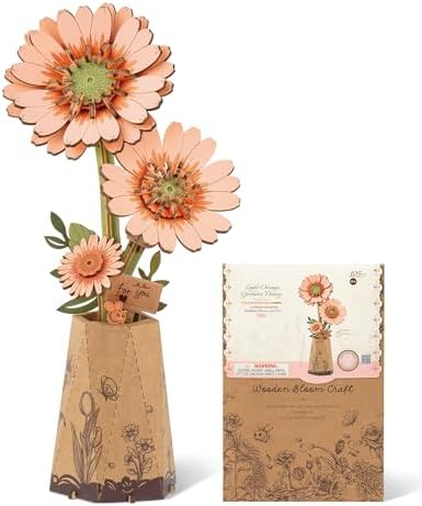 ROBOTIME 3D Puzzle Light Orange Gerbera Daisy TW111, DIY Wooden Flower Craft, Artificial Flowers Model Kit to Assemble for Adults, Home Decoration and Valentine's Day Toy Gift Set by ROBOTIMEBuildingThingstoLife
