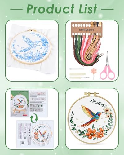 ERKOON Embroidery Kit for Beginners, Hummingbird and Flower Cross Stitch Set for Include Embroidery Cloth Hoops Threads for Craft Lover Hand Stitch (Colorful Hummingbird) - Image 2