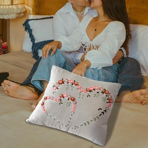 FONNUY Crewel Pillow Case Embroidery Kit, Heart Shaped Loving You Floral Stamped Pattern Kits for Audlt Beginners, Works Crafts Throw Pillow Cover Great Gift for Loved Ones, 18 x 18'' (Light Grey) - Image 4