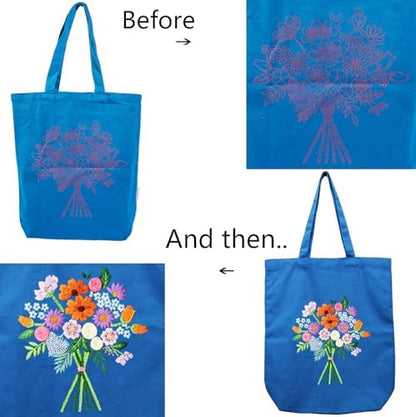 CREAWONDER Canvas Tote Bag Embroidery Kit with Pattern for Beginners, Arts and DIY Embroidery Crafts Kits for Adults, Include Instructions, Thimble, Embroidery Hoops, Color Threads and Tool - Image 5