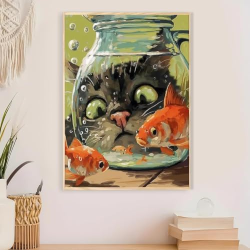 Fairyland JinWenn Curious Cat Fish Paint by Numbers Kit for Adults Framed Canvas Frameworkless - Image 4