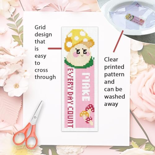 ORIGACH 6 Set Pink Mushroom Cross Stitch Bookmark Kit for Beginner - Image 3