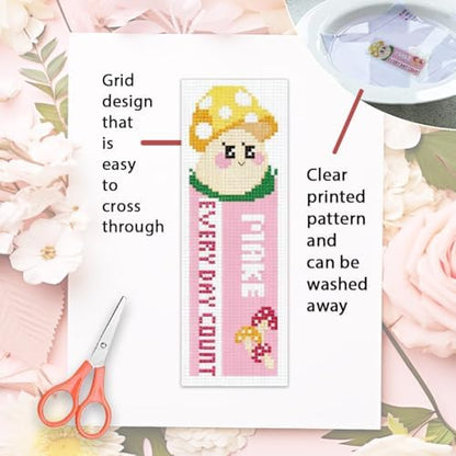 ORIGACH 6 Set Pink Mushroom Cross Stitch Bookmark Kit for Beginner - Image 3