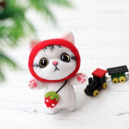 Healifty Needle Felt Kit for Cartoon Cat Ornament Strawberry Kitty DIY Wool Felting Supplies with Punch Needle Lanyard Doll Eyes and Manual for Kids and Adults 2.95 X 1.37 X 2.16 in - Image 5