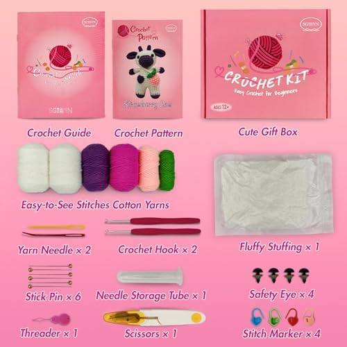SGIBYN Crochet Kit for Beginners with Video - DIY Strawberry Cow Amigurumi - Image 2