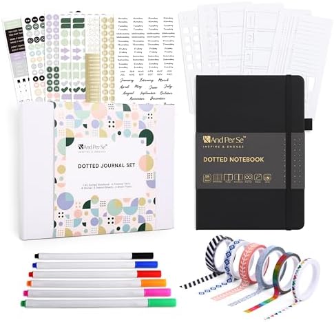 &And Per Se Dotted Journal Kit, A5 Hardcover Dot Grid Journal Notebook Set for Beginners with Journaling Supplies Stencils, Stickers, Washi Tapes & Colored Pens Accessories (Black) by AndPerSe