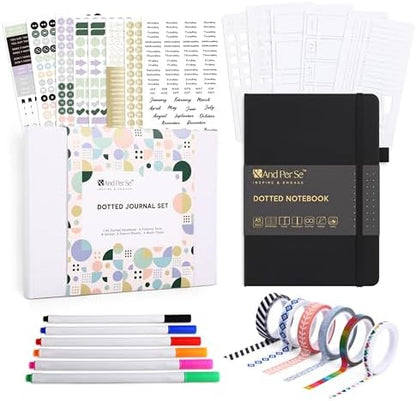 &And Per Se Dotted Journal Kit, A5 Hardcover Dot Grid Journal Notebook Set for Beginners with Journaling Supplies Stencils, Stickers, Washi Tapes & Colored Pens Accessories (Black) by AndPerSe