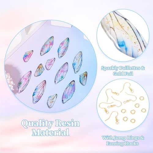 FASHEWELRY 20Pcs Resin Butterfly Wing Charms for Earring, Transparent Angel Wing Pendants Colorful Dragonfly Wings Charms with Gold Foil for Jewelry Making - Earring Hooks & Jump Rings - Image 5