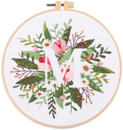 IUHUI Embroidery Kit for Beginners Adults - 26 Floral Letters Easy Patterns, DIY Hand Stitching Embroidery Set with Hoop (Flower and Grass Letter M) by Unknown